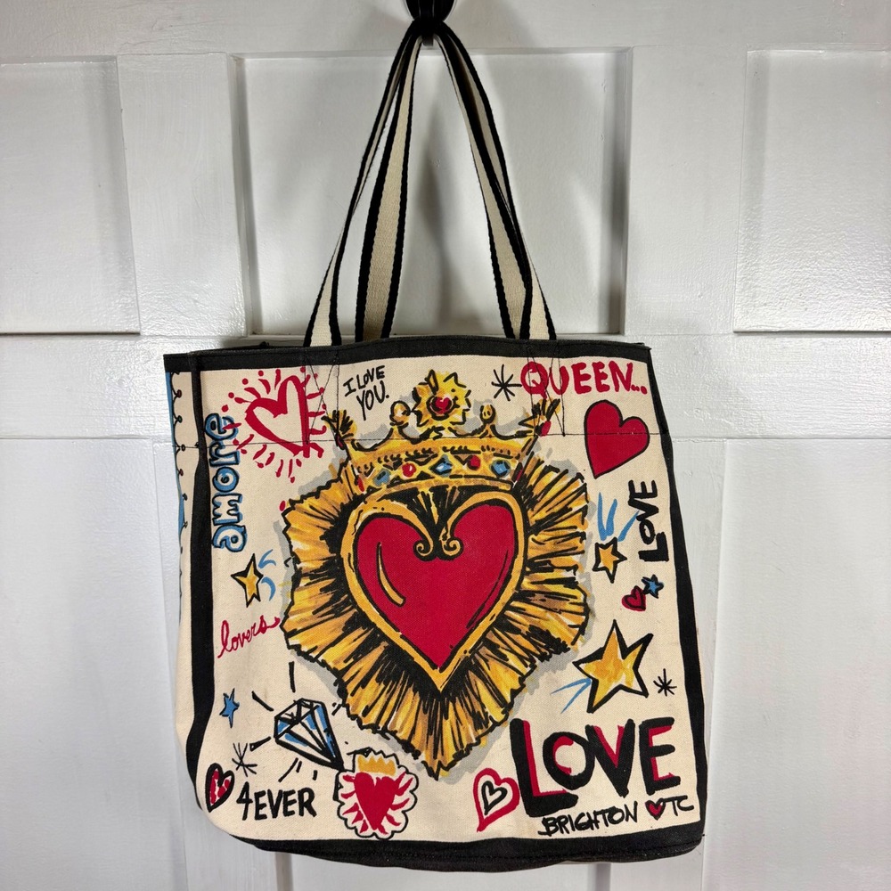 Brighton Queen of Love ♥️ Canvas Tote Bag Heart Graphic Print Multi Color Large